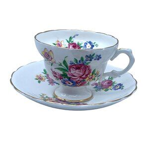 Vintage Rosina Bone China Teacup and Saucer Set Floral Pattern Gold Trim Made in